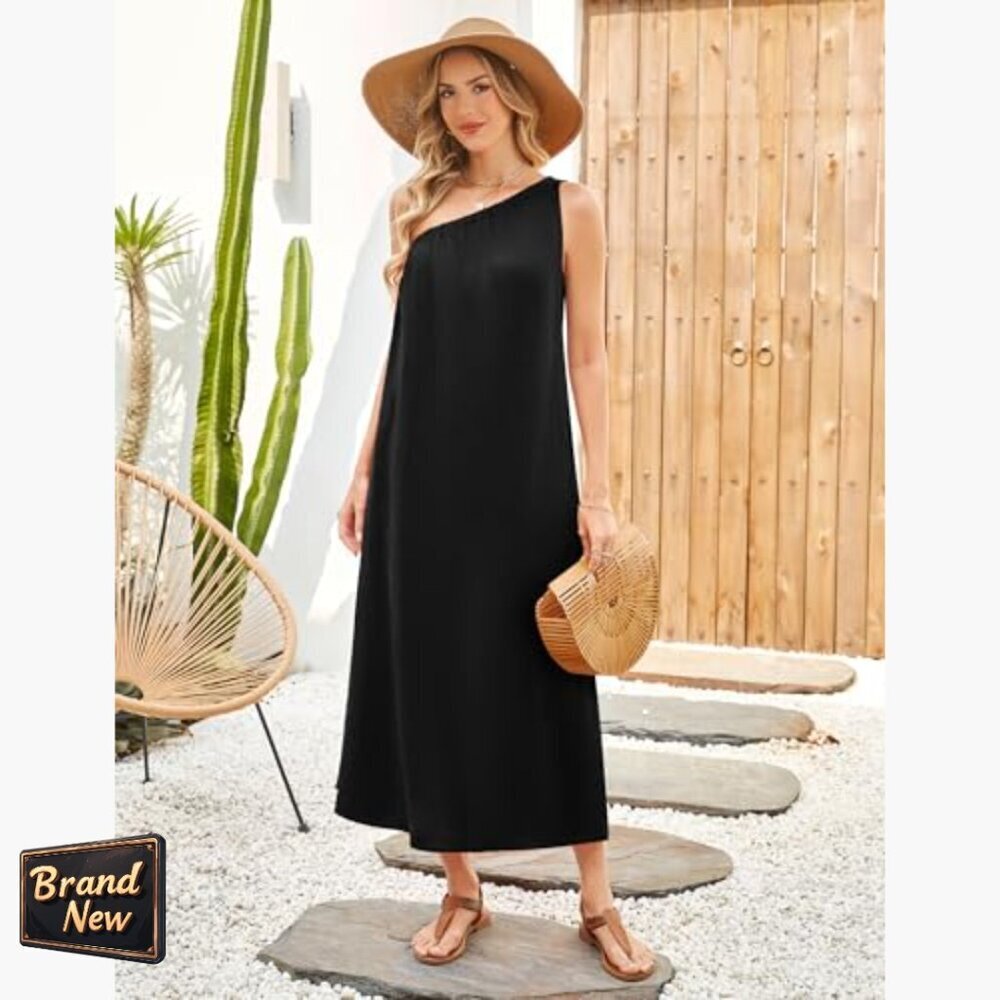 Linen Maxi Dress One Shoulder Sleeveless with Pockets Summer Casual - Picture 2 of 7